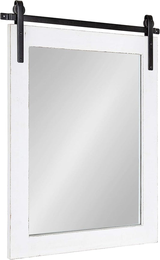 Kate and Laurel Cates Rustic Wall Mirror, 22" x 30", Coastal White, Farmhouse Barn Door-Inspired Wall Decor