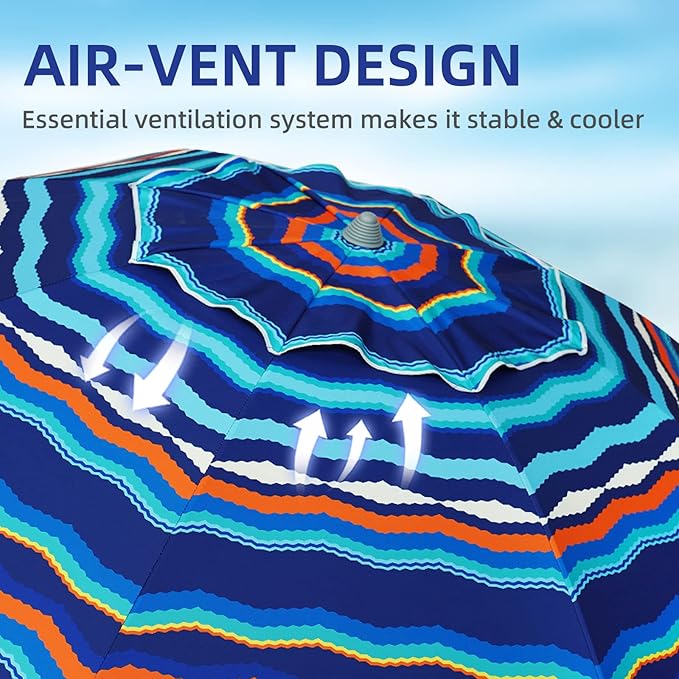 AMMSUN 7ft Heavy Duty High Wind Beach Umbrella Parasols with Sand Anchor Vent Tilt UV 50+ Sun Protection Portable Outdoor Sunshade Umbrellas Carry Bag for Patio Garden Pool Backyard Blue