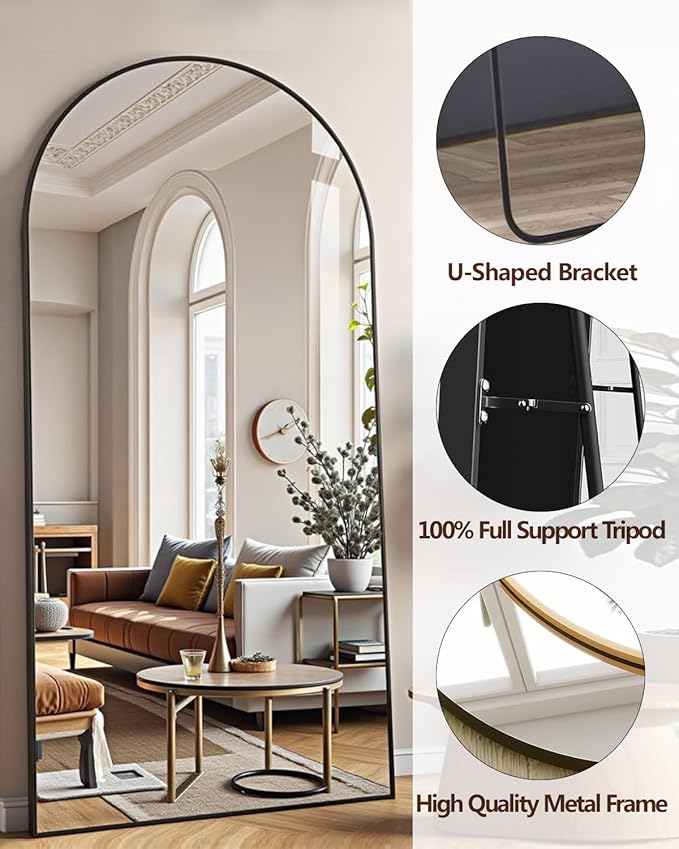76x34 Inch Arched Full Length Mirror with Stand, Floor Standing & Wall Mounted Body Mirror, Aluminum Frame for Bedroom, Living Room, Cloakroom, Black