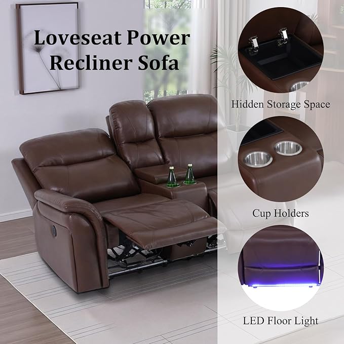 Breathable Leather Power Recliner Sofa Set, 3 Piece Living Room Furniture Set, Reclining Sofa Loveseat Chair Set with LED Lighting/USB Port/Cup Holders/Storage for Home Theater (Reddish Brown)