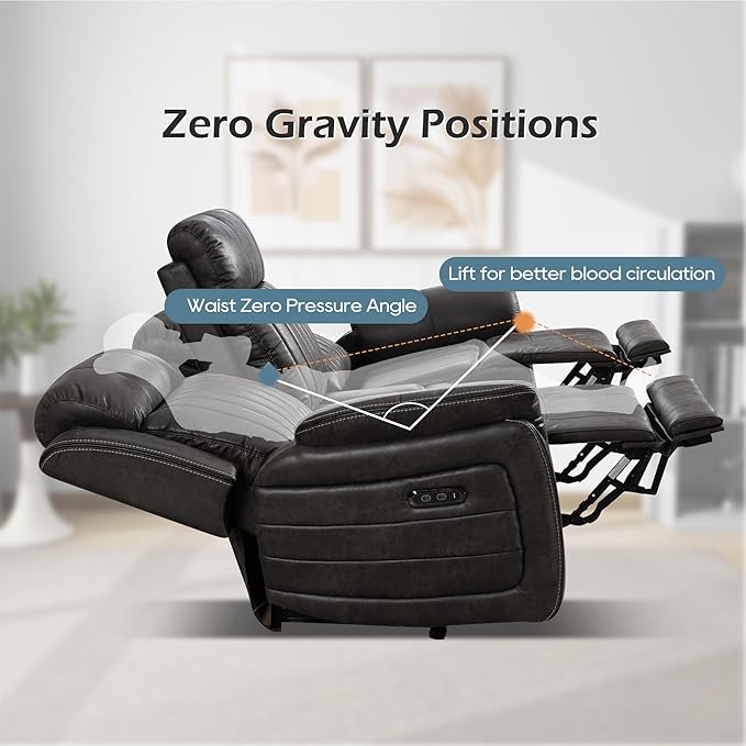Zero Gravity Power Reclining Sofa with Adjustable Headrest, Electric Reclining Couch with Wireless Charge, USB Ports, Power 3-Seater Recliner Sofa with Drop Down Table, Outlet (Charcoal Brown)