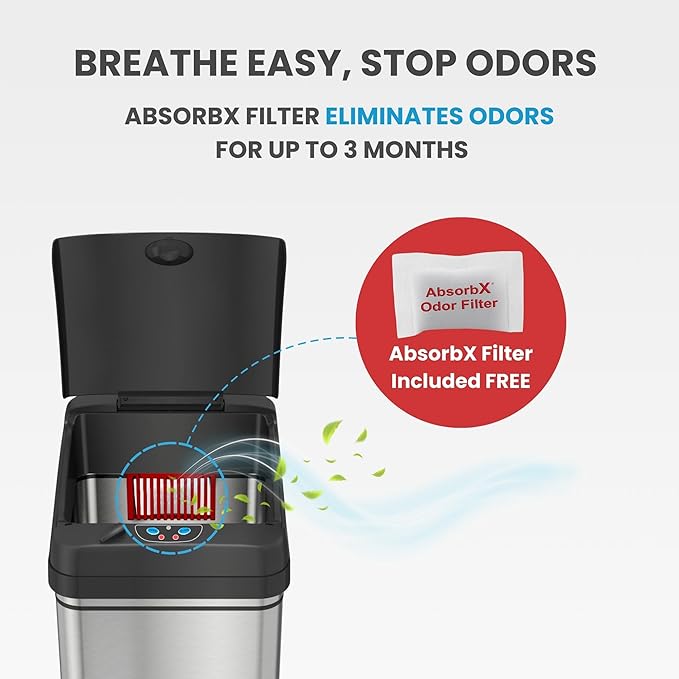 iTouchless 13 Gallon Patented Sensor Trash Can with AC Adapter & Odor Filter, Original Inventor 50L Automatic Kitchen Garbage Bin, Fingerprint-Proof Stainless Steel, Pet-Proof Lock, Soft-Close, Silver