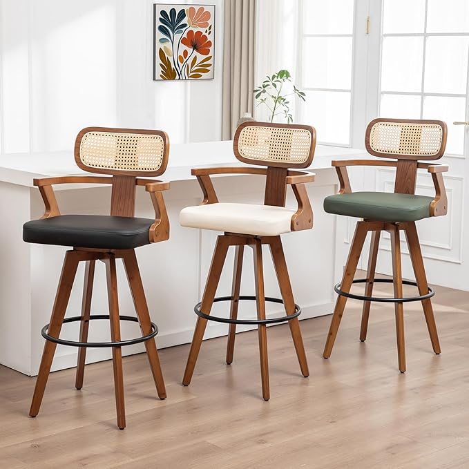 Set of 4 Counter Height Bar Stools - 27 inch Swivel Counter Stools with Walnut Craftsmanship, Cane Back, Upholstered Faux Leather, Kitchen Island Stools for Island/Pub/Kitchen (27" Seat Height, Green)