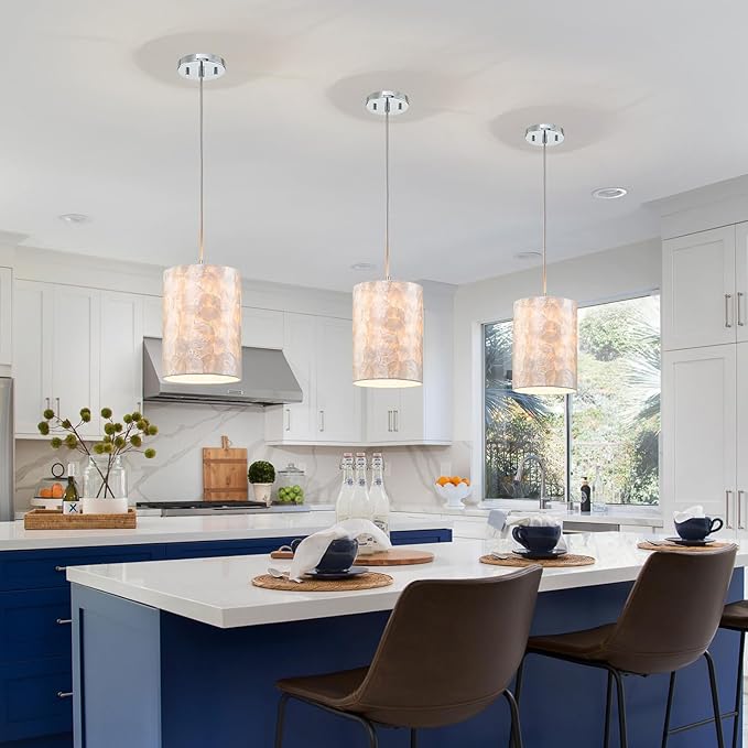 1-Light Capiz Shell Chandelier, Coastal Design Modern Pendant Light Fixture for Dining Room, Living Room, Kitchen Island, D7 x H18~66"(Adjustable Height), Shell Lampshade & Chrome Finish Frame