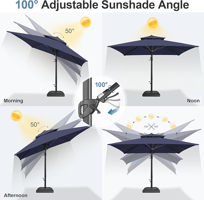 FLAME&SHADE 10x10 FT Cantilever Patio Umbrella - Aluminum Offset Umbrella with Tilt & 360-Degree Rotation, 3 Years Fade Resistance Fabric Large Patio Umbrella Outdoor for Deck Pool Garden - Navy Blue
