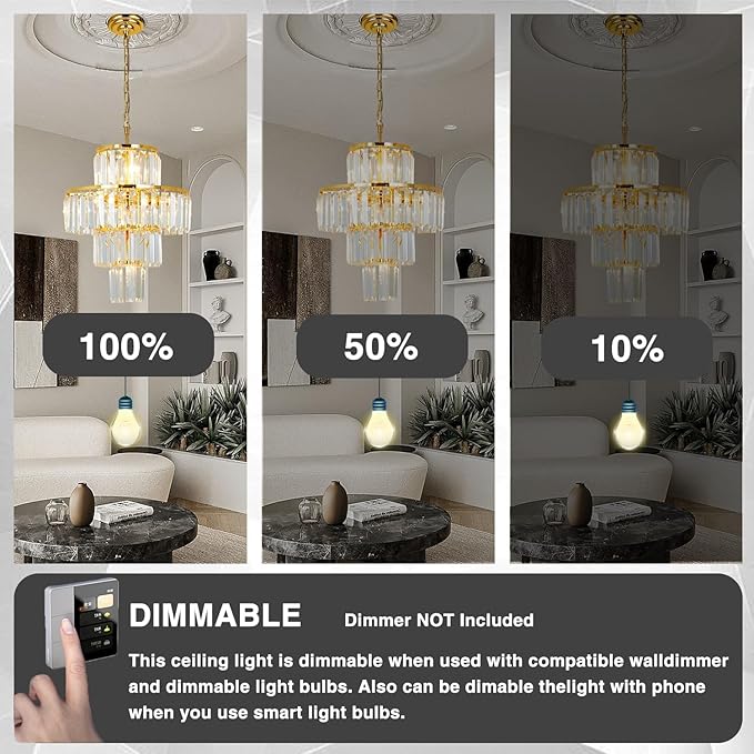 Gold Crystal Chandelier, 7-Light 4 Tiers 13.77" Crystal Light, Adjustable Hanging Metal Ceiling Lighting Fixture, Modern Foyer Dining Room Chandeliers for Bedroom,Hallway,Kitchen