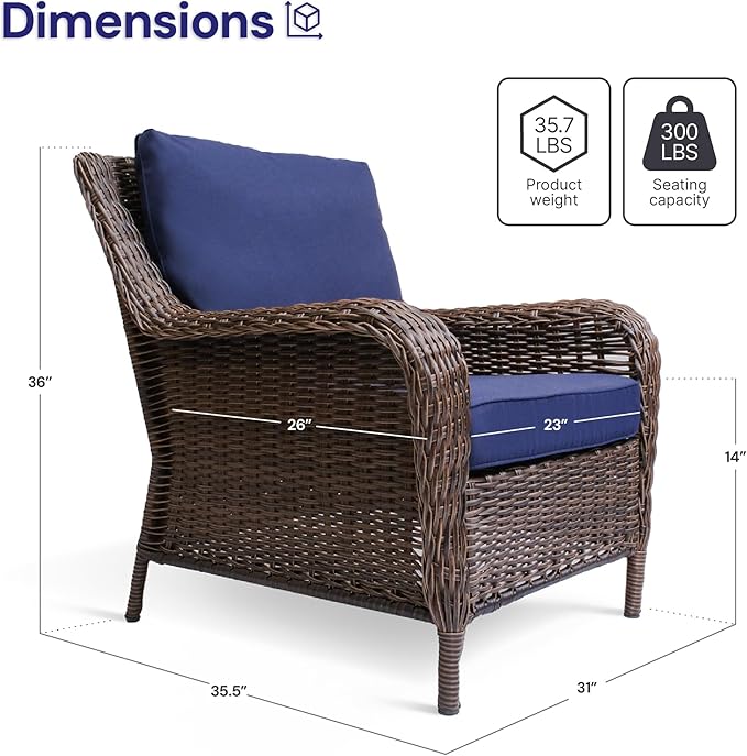 Cambridge Outdoor Wicker Club Chair All-Weather HDPE Rattan Patio Dining Chairs Lounge Seating with Soft Cushion, Midnight Navy Blue