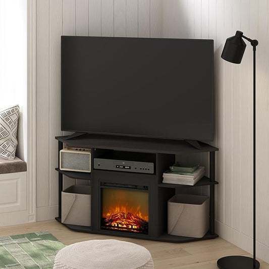 Furinno Jensen Fireplace TV Stand, Corner Entertainment Center, TV Console for TV up to 55 Inch with Fireplace, Plastic Poles and Open Storage, for Living Room, Bedroom, Americano
