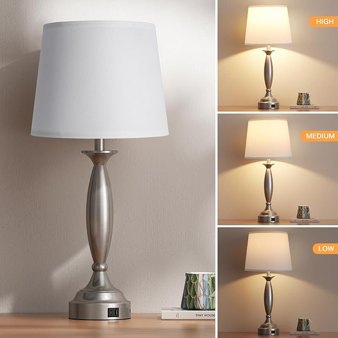 Seealle 25.5" White Lamps for Bedrooms Set of 2 - Touch Control Bedside Lamp with USB C+A, 3 Way Dimmable Nightstand Lamps with USB Port, Table Lamp for Living Room(White Shade and Nickel Base)