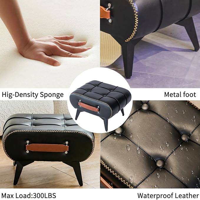 Small Footstool Ottoman - Stylish and Functional Faux Leather Footrest for Extra Seating in Living Room, Entryway, or Office