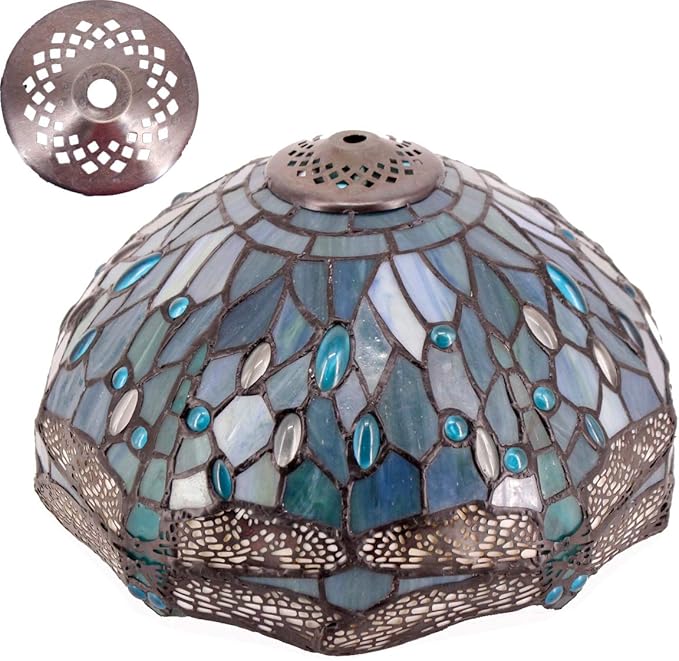 WERFACTORY Tiffany Lamp Shade Replacement 12X6 Inch Sea Blue Stained Glass Dragonfly Style Lampshade Only with Cap fit for Table lamp Pendant Light Ceiling Fixture (Part Not Included) S147 Series
