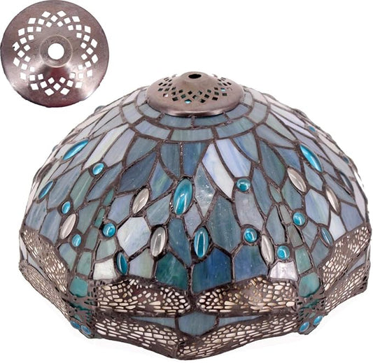WERFACTORY Tiffany Lamp Shade Replacement 12X6 Inch Sea Blue Stained Glass Dragonfly Style Lampshade Only with Cap fit for Table lamp Pendant Light Ceiling Fixture (Part Not Included) S147 Series