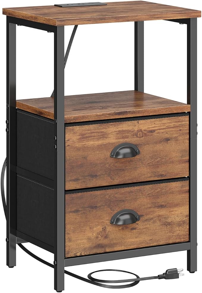 Rustic Brown Industrial Nightstand Set of 2, Bedside Table with 2 Fabric Drawers, 3-Tier Storage, LED Light, Charging Station, 11.38''D * 15.38''W* 24.75''H