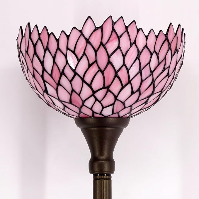 WERFACTORY Tiffany Floor Lamp Pink Stained Glass Wisteria Light 12X12X71 Inches Pole Torchiere Standing Corner Torch Uplight Decor Bedroom Living Room Home Office S523P Series