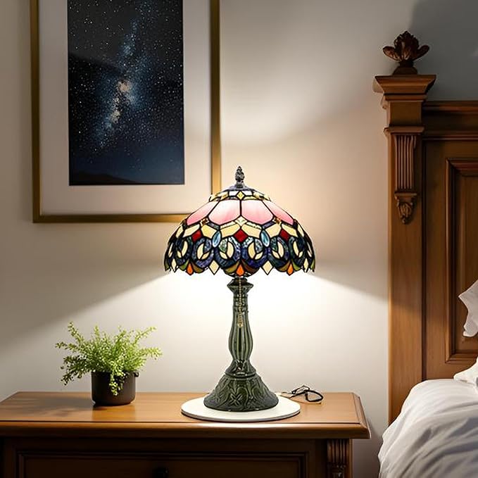 Tiffany Lamp Stained Glass Table Lamps Pink Jewelry Baroque Style Desk Lamp 12X12X18.5 Inch Bronze Ceramic Base Reading Light Suitable for Bedside Bedroom Living Room Dining Room Office