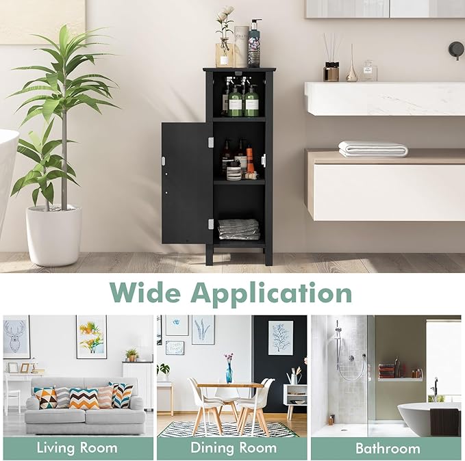 LDAILY LUARANE Wooden Bathroom Floor Storage Cabinet, Side Storage Organizer Cabinet with 1 Door Open Shelf Adjustable Shelves, Small Free Standing Sideboard for Entryway Living Room Kitchen (Black)