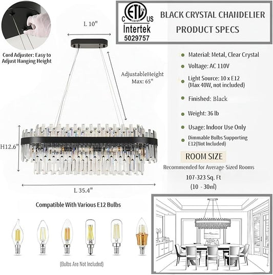 Black Crystal Chandelier for Dining Room, 35.4" Modern Luxury 2-Tier K9 Crystal Oval Chandelier, 10-Light E12 Base Pendant Light Fixture, Height Adjustable for Kitchen Island Living Room