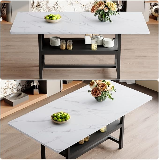 Dining Table, 71 inch Kitchen Table with Storage Shelf, Dinner Table with Black Textured Tabletop & Metal Legs, Minimalist Design for Family Gatherings, Fits Modern Home Decor, Black White