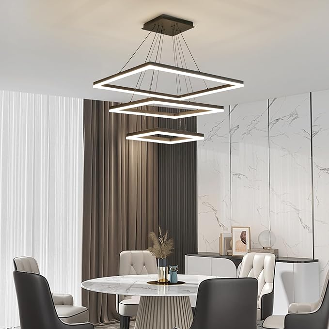 Modern LED Chandelier, Black Square Chandelier, 3 Rings Ceiling Pendant Light with Remote Control, Modern Chandelier Lighting for Bedrooms Dining Rooms