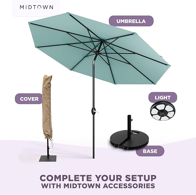 Midtown Umbrellas – The Swilt 8 Ft Patio Umbrellas with 360° Swivel & Tilt Mechanism, 8 Fiberglass Ribs & Terylast Polyester Fabric for Backyard, Deck, Pool & Cafes - Seawater Canopy, Black Pole