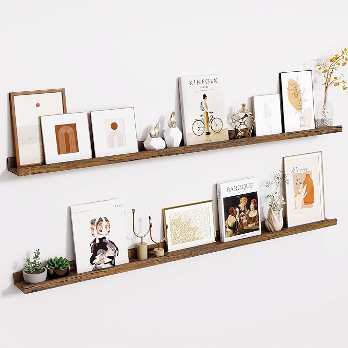 Fun Memories Long Wall Shelves Set of 2-60 Inch Floating Shelves for Wall - Picture Ledge Shelf with Lip for Storage - Wall - Mounted Shelves for Bedroom - Living Room - Kitchen - Rustic Brown