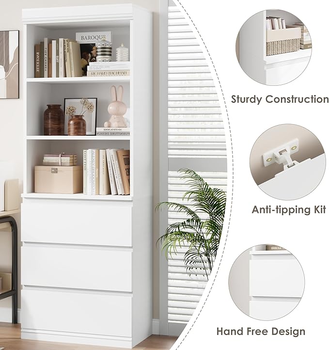 IDEALHOUSE 70" H Bookcase with 3 Storage Drawers,Tall Bookshelf w/ 3-Tier Open Shelf, Morden Storage Bookcase Wooden Deep Bookshelves Storage Cabinet Organizer for Library Office Living Room (White)