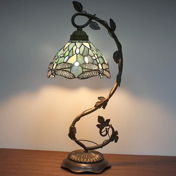 WERFACTORY Tiffany Lamp Sea Blue Stained Glass Dragonfly Style Desk Reading Light, Metal Leaf Table Lamp Base 8X10X21 Inches Decor Small Space Bedside Bedroom Home Office S147 Series