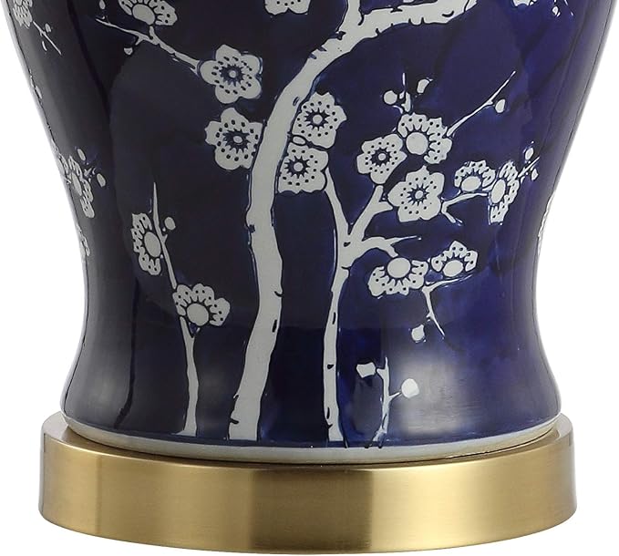 JONATHAN Y 29.5" White/Navy Blue Traditional Ceramic Ginger Jar Table Lamp for Living Room, Chinoiserie Asian Bedside Lamp with White Linen Shade and LED Bulb Included JYL3047A