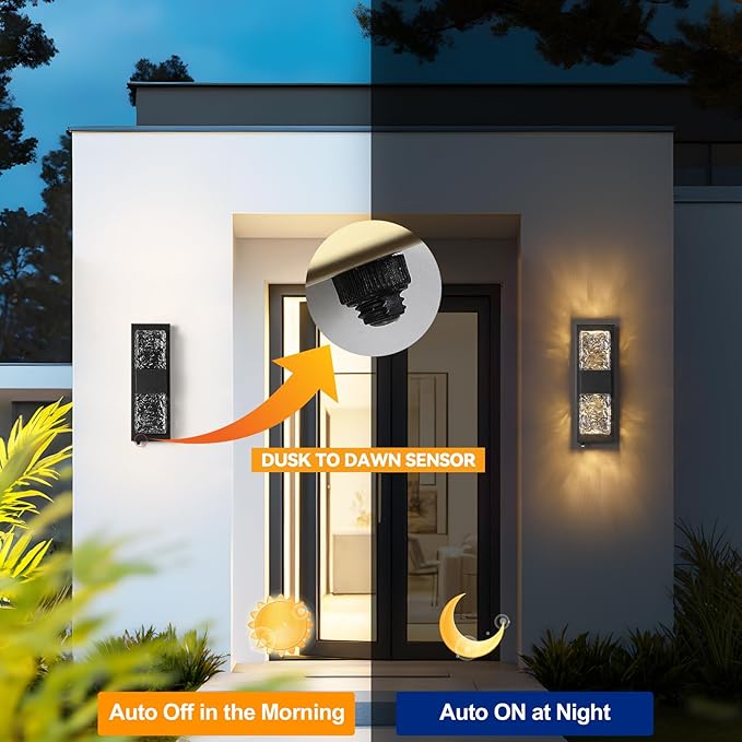 HITTO Dusk to Dawn Outdoor Lighting,Porch Lights Outdoor IP65 Waterproof Exterior Lighting Fixtures 12W LED Ripple Crystal Modern Outside Light for House Hallway Doorway Patio,14.2'' Black, 2PCS