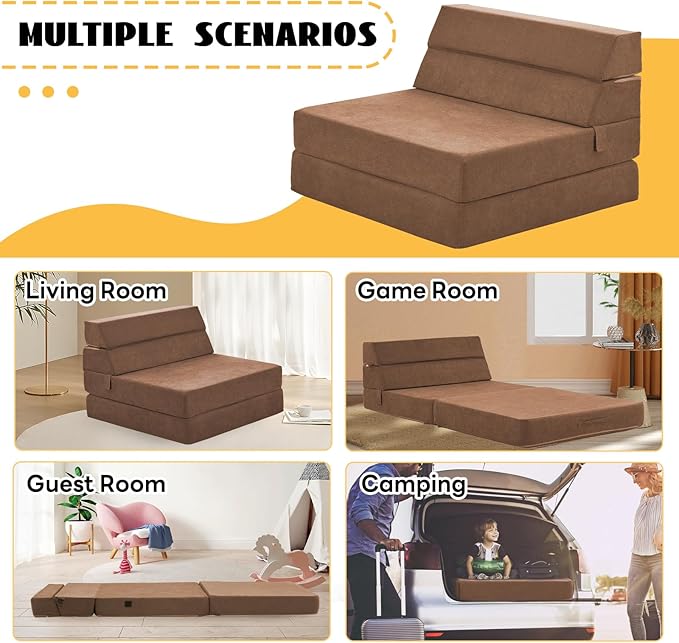 jela Foldable Sofa Bed Large Soft Foam Convertible Sleeper Chair Luxury Miss Fabric Fold Out Chair Bed Floor Couch with Back Support Floor Sofa for Living Room Bedroom (83"x33",Coffee Brown) | breathable material
