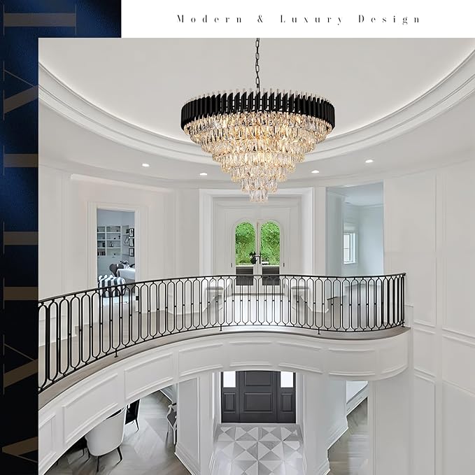 Modern Black and Gold Crystal Chandeliers 35'' Large Chandeliers for High Ceiling 7-Tier 22-Light K9 Crystal Luxury Round Crystal Chandelier Light Fixture for Staircase Living Room Foyer Lobby