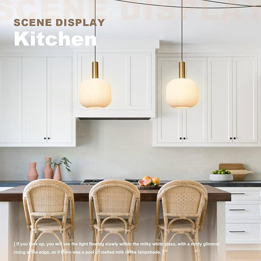 White Pendant Lights Plug in Milk Glass Hanging Light with Plug in Cord 14.75FT Adjustable Mid Century Hanging Lights for Kitchen Island Dining Room Living Room Bar, 2 Pack