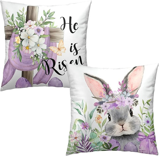 Easter Pillow Covers Floral Cross He is Risen Throw Pillow Covers 24x24 Set of 2 Purple Bunny Rabbit Eggs Pillow Cases Spring Decorative Pillowcases for Bedroom Sofa Holiday Decor