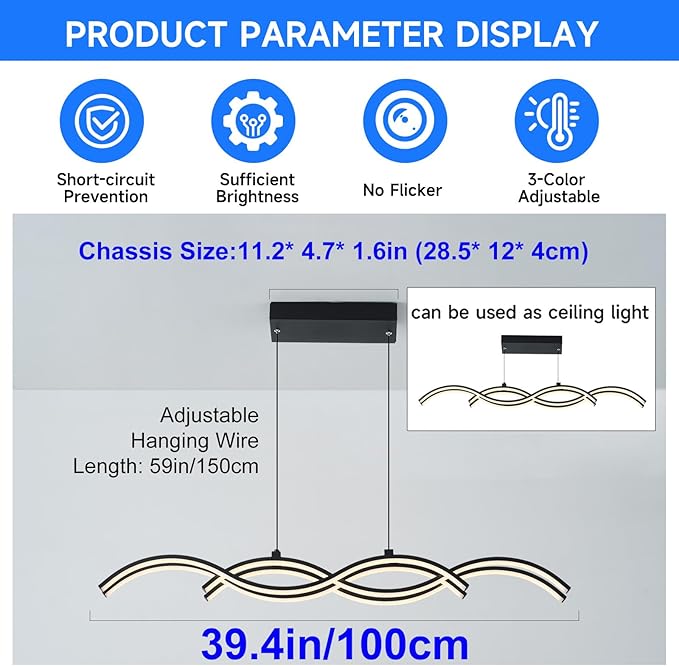 Modern LED Pendant Lights, Dimmable 39in Linear Wave LED Chandelier Lighting, Black Dining Room Hanging Light Fixtures Kitchen Island Linear Pendant Light for Dining Table (4200lm,Upgraded)