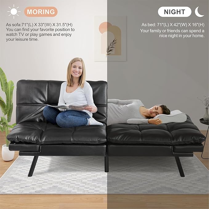 Opoiar Futon Sofa Bed, Memory Foam Futon, Convertible Futon Couch, Faux Leather Sofa Bed,Modern Loveseat Sofa,Comfy Sleeper Sofa for Compact Space,Apartment, Living Room,Easy Assemble,Black