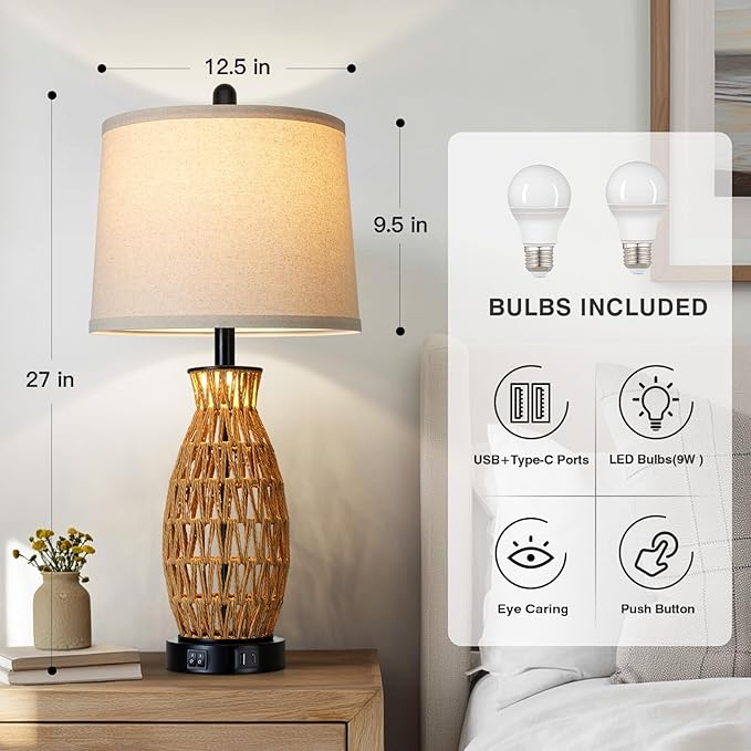 27" Boho Rattan Table Lamp Single with Night Light, Handwoven Wicker Bedside Lamp with USB A+C Charging Port, Woven Coastal Bedroom Lamps for Night stand, Beach Living Room Lamps for End Table