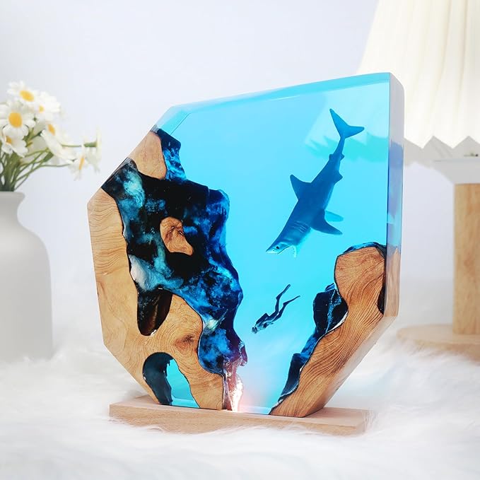 Shark Diver LED Ocean Lamp, Epoxy Resin Decorative Night Light for Office, Desk, Bathroom or Bedroom, Suitable for Holidays (Shark&Diver)