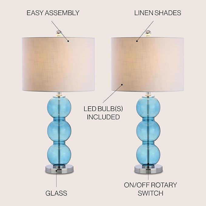 JONATHAN Y 27" Sky Blue/Chrome Triple-Sphere Glass Table Lamp Set of 2, Bedside, White Linen Shade, Modern Table Lamps for Living Room, Bedroom, Office, LED Bulbs Included (JYL1070C-SET2)