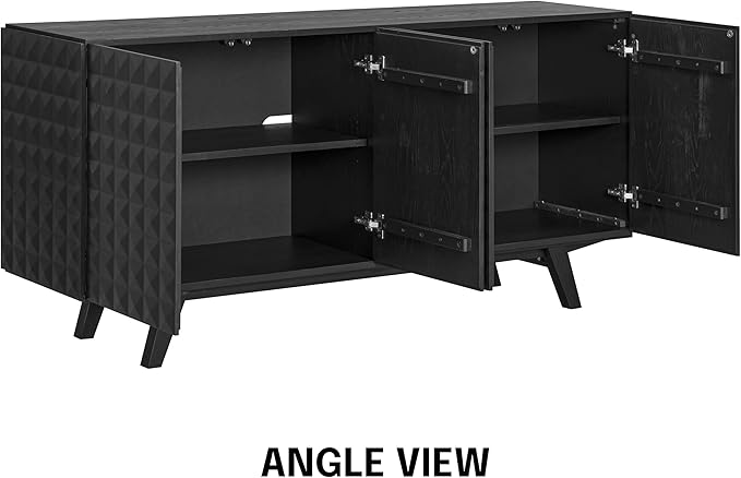 NTC Sapa Mid-Century Modern Solid Wood Sideboard – 4-Door Accent Buffet Cabinet with Carved Geometric Fronts, for Living Room, or Entryway, Effortless Assembly, Burnt Black