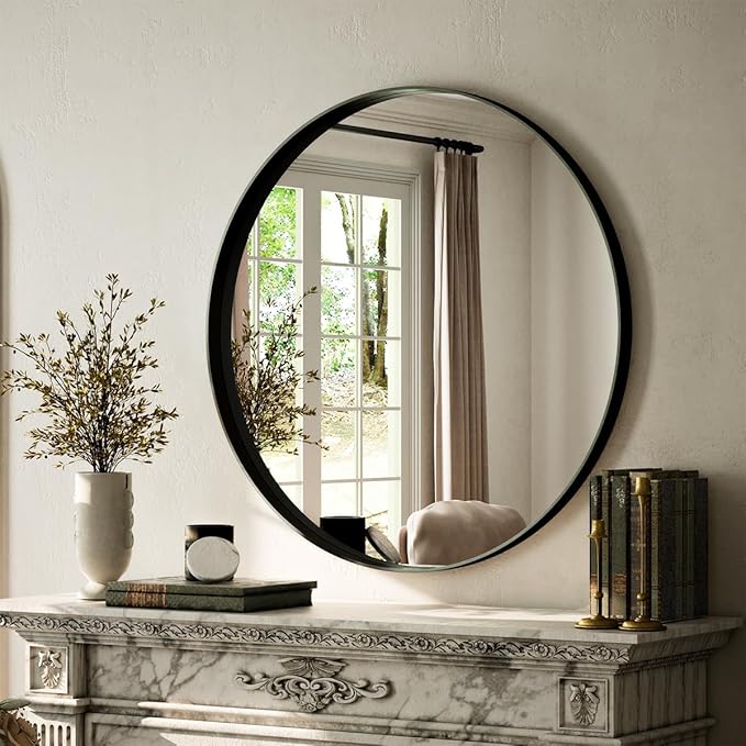 VooBang 24 inch Round Bathroom Mirror, Balck Modern Circle Wall Mounted Mirror with Gorgeous Circular Deep Frame for Bathroom, Living Room, Bedroom, Hanging or Leaning