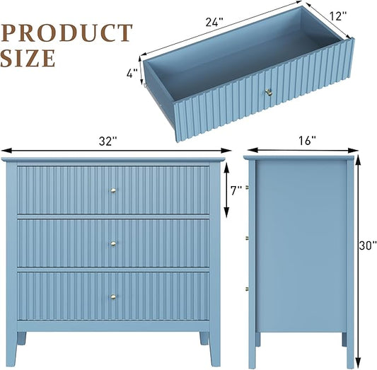Large Muted Blue Fluted 3 Drawer Dresser Set of 2, Chest of Drawers with Ball Bearing Slide Modern 30 inch Tall Wood Nightstand with Spacious Storage for Living Room Entryway