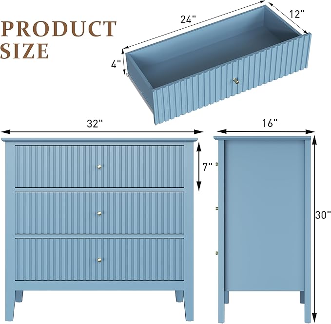 RoyalCraft Fluted 3 Drawer Dresser Set of 2, 32'' Wide Dresser Nightstand for Bedroom, Modern Wood Chest of Drawers, Large Painted Nightstand with 3 Drawers for Closet, Hallway, Entryway, Light Blue