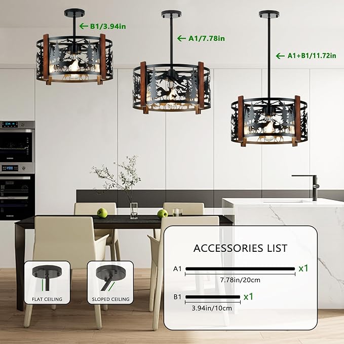 Farmhouse Rustic Deer Ceiling Light Fixtures, 4-Light Round E26 Base Black Metal Wooden Fixture for Kitchen, Living Room, Foyer, Bedroom, Hallway-‎16.5" L* 16.5" W * 11.8" H