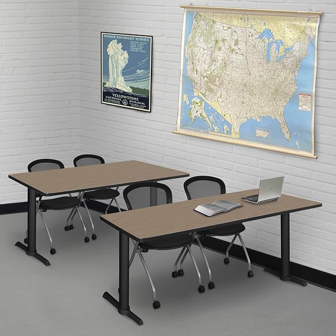 Regency Cain 72 x 24 in. Training Seminar Table – Durable T-Base Training Desk with Laminate Top, Scratch & Stain Resistant Surface, Rounded Corners (Noble Oak, Black Base)