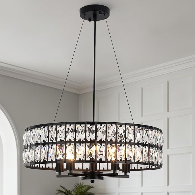 20" Black Crystal Chandelier, 5-Light Modern Dining Room Light Fixture Over Table Adjustable Height Hanging Industrial Pendant Lights Kitchen Island,Living Room Bedroom Entryway Foyer