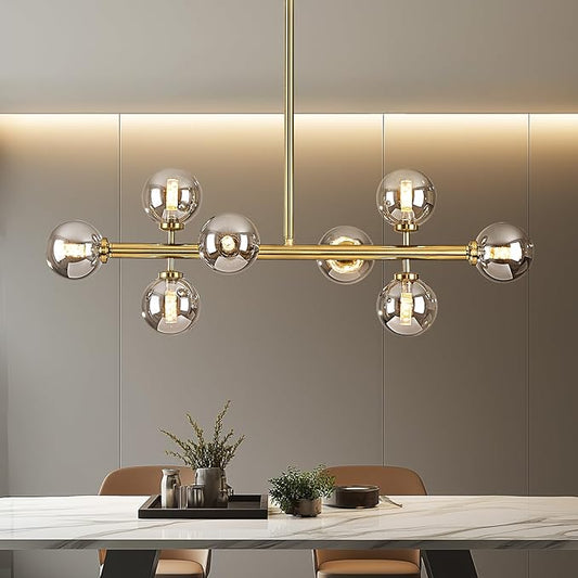 Modern Linear Chandeliers for Dining Room, 8-Light Globe Sputnik Pendant Ceiling Light, Brass Gold Dining Room Light Fixture Over Table, Mid Century Glass Smoke Grey Bubble, 31.5 Inch, GC-09