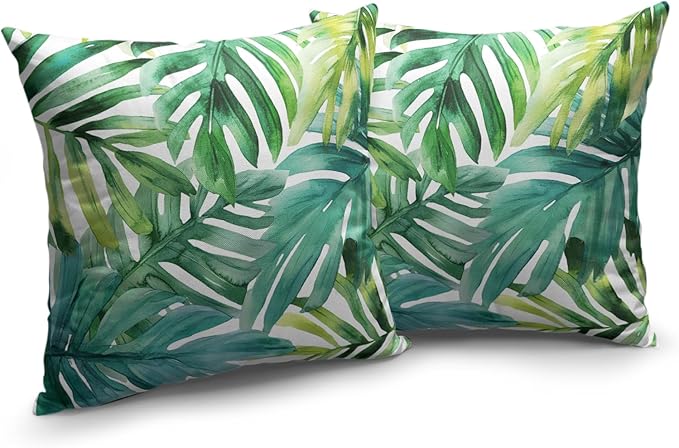 Green Tropical Leaves Outdoor Throw Pillow Covers Summer Palm Leaf Pillow Covers 22x22 Set of 2 Monstera Plant Pillow Cases Modern Farmhouse Cotton Linen Cushion Cover for Couch Sofa
