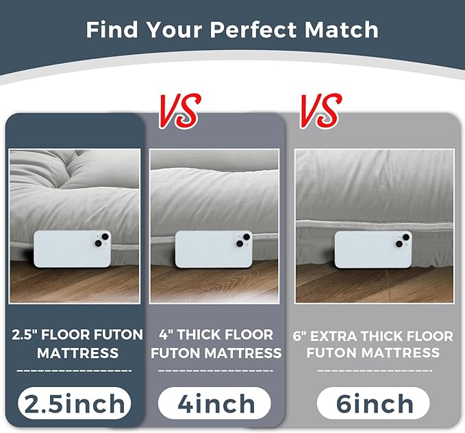 MAXYOYO 6" Extra Thick Japanese Floor Mattress Futon Mattress, Foldable Mattress Tatami Pad Floor Mattress for Adults Floor Bed Roll Up Mattress Guest Mattress, Grey, Queen