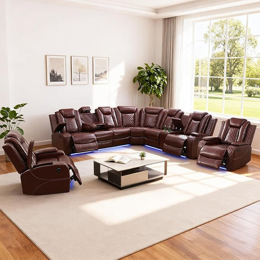 Leather Power Recliner Sectional Sofa Set with LED Light,L Shaped Leather Couch Set with Chair*2,Modular Corner Sofa with USB Ports for Living Room Furniture(Red, Sectional+Chair*2)