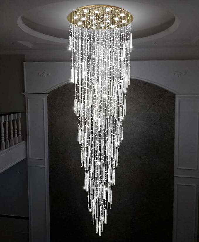 D40'' x H120'' Crystal Chandelier High Ceiling Chandeliers for Entryway Large Raindrop Chandeliers LED Dimmable Flush Mount Light Fixtures for Staircaes Foyer Hallway Living Room Bulbs Included Gold